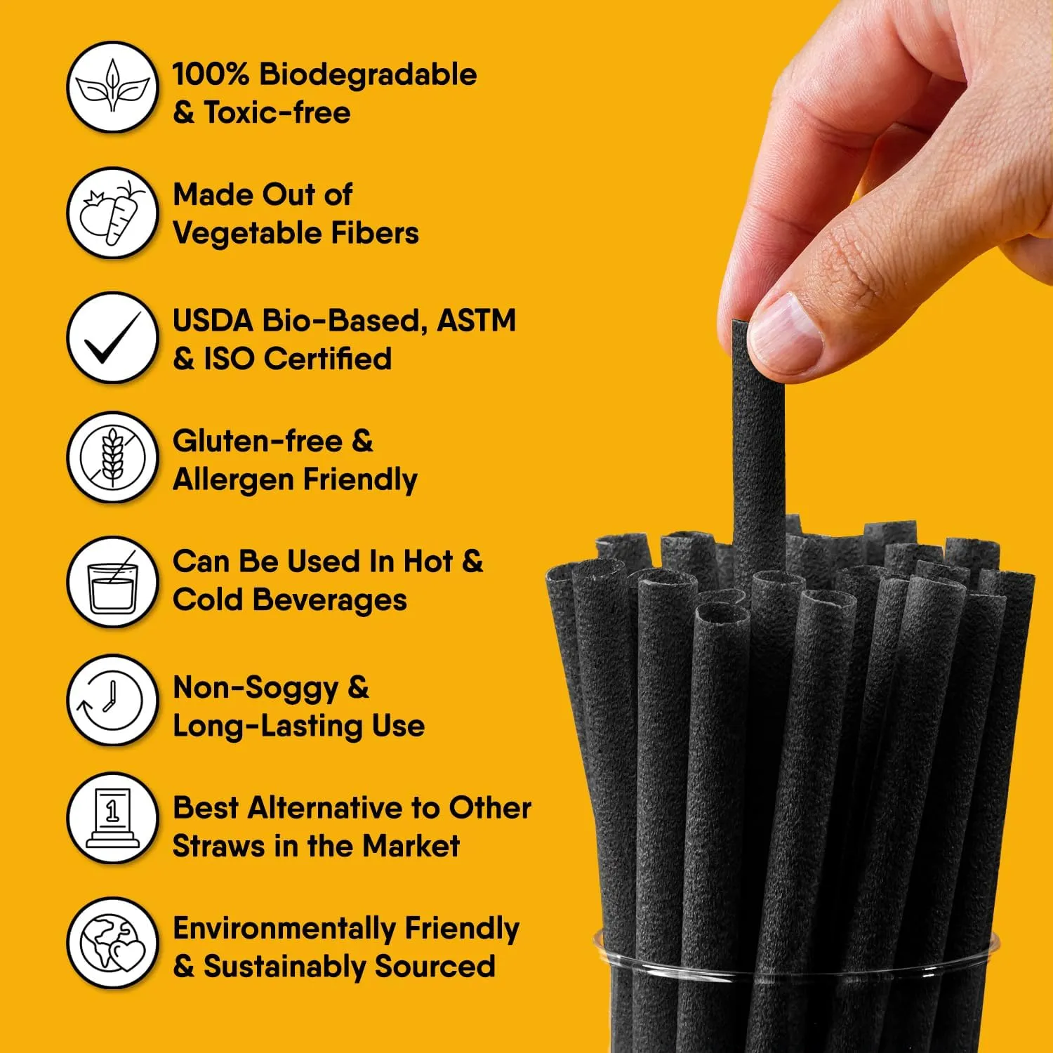 – 300 PCS of 8.25 Inches Individually Wrapped Black Biodegradable Straws – Made of Vegetable Fibers, Best Environment Friendly Drinking Straws for Hot and Cold Beverages