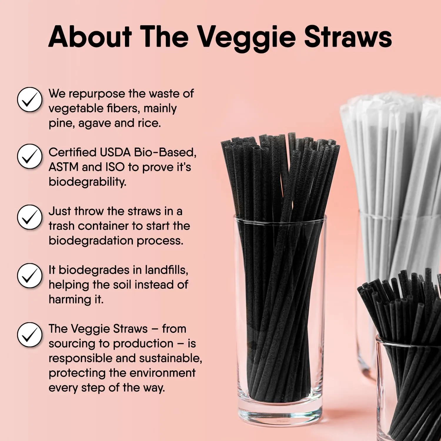 – 300 PCS of 8.25 Inches Individually Wrapped Black Biodegradable Straws – Made of Vegetable Fibers, Best Environment Friendly Drinking Straws for Hot and Cold Beverages