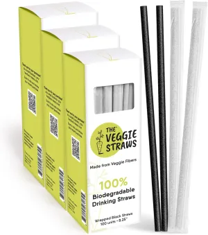– 300 PCS of 8.25 Inches Individually Wrapped Black Biodegradable Straws – Made of Vegetable Fibers, Best Environment Friendly Drinking Straws for Hot and Cold Beverages