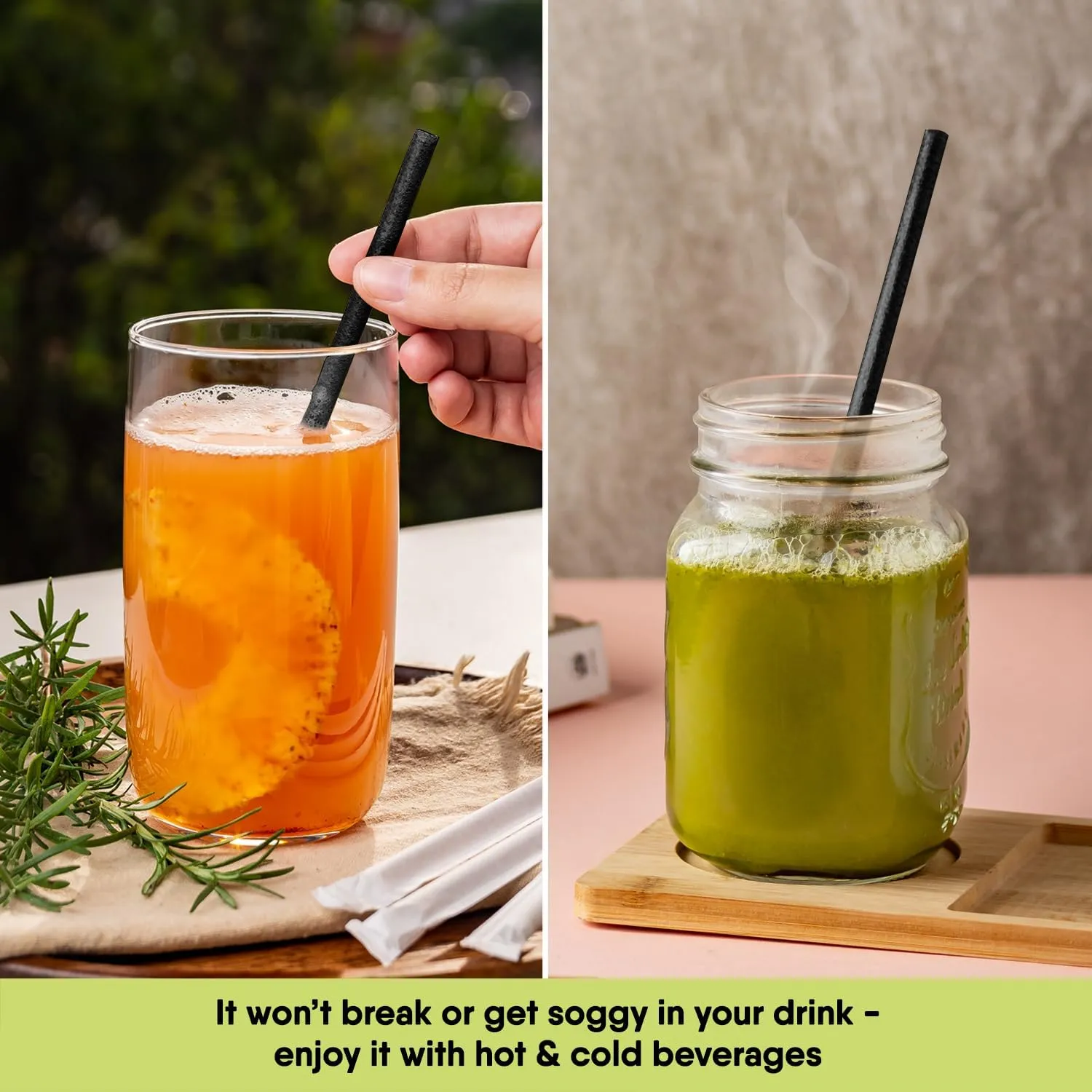 – 300 PCS of 8.25 Inches Individually Wrapped Black Biodegradable Straws – Made of Vegetable Fibers, Best Environment Friendly Drinking Straws for Hot and Cold Beverages