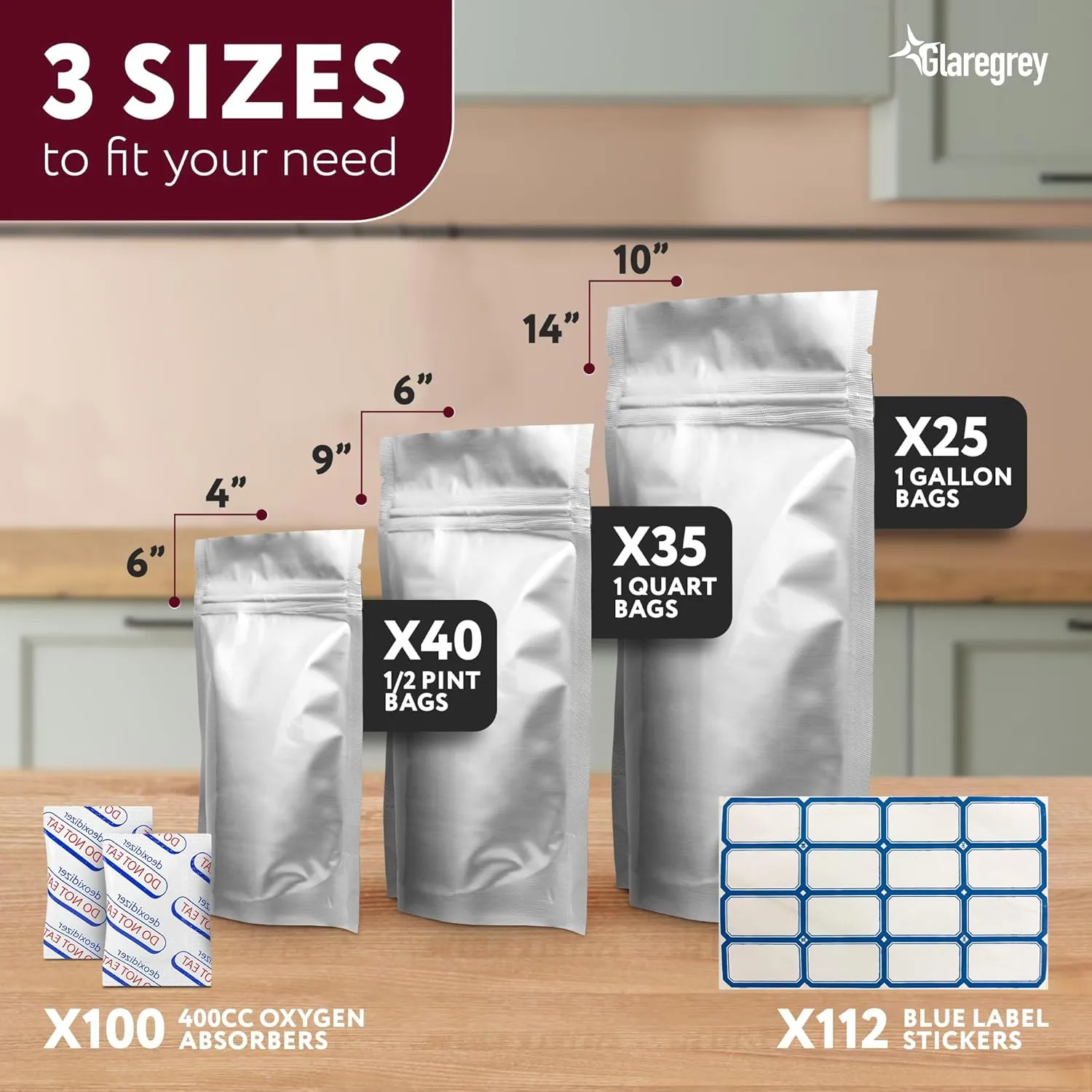 100 Pack Mylar Bags with Oxygen Absorbers - 10.6 MIL Thick 3 Sizes - 25x1 Gallon 35x1 Quart 40x1/2 Pint - Resealable Bags with 100 Oxygen Absorbers for Food Storage & 112 Labels, Sealable Smell Proof