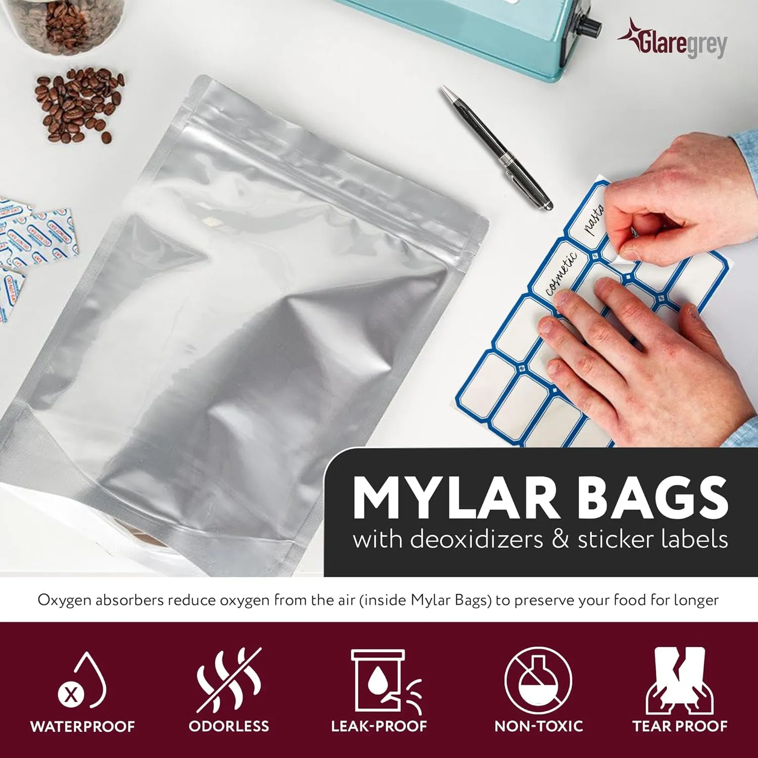 100 Pack Mylar Bags with Oxygen Absorbers - 10.6 MIL Thick 3 Sizes - 25x1 Gallon 35x1 Quart 40x1/2 Pint - Resealable Bags with 100 Oxygen Absorbers for Food Storage & 112 Labels, Sealable Smell Proof