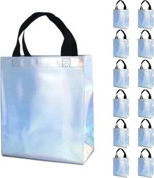 12 Iridescent Gift Bags with Tissues - Medium Reusable, Sturdy, Glossy Metallic Non Woven 8x4x10 for Parties, Birthdays & Weddings