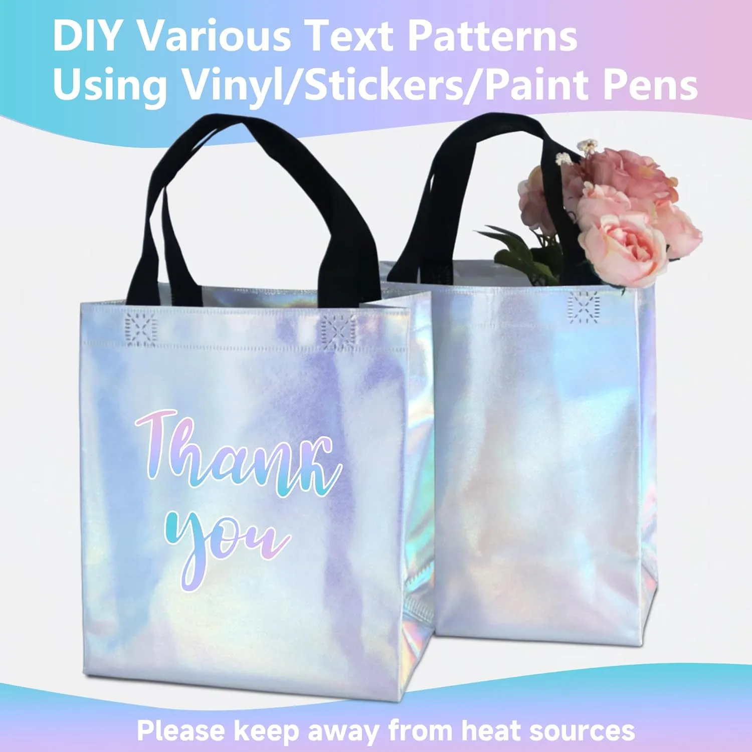 12 Iridescent Gift Bags with Tissues - Medium Reusable, Sturdy, Glossy Metallic Non Woven 8x4x10 for Parties, Birthdays & Weddings