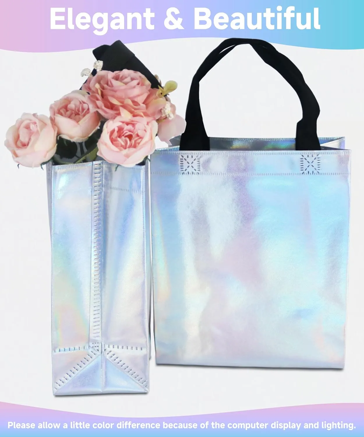 12 Iridescent Gift Bags with Tissues - Medium Reusable, Sturdy, Glossy Metallic Non Woven 8x4x10 for Parties, Birthdays & Weddings