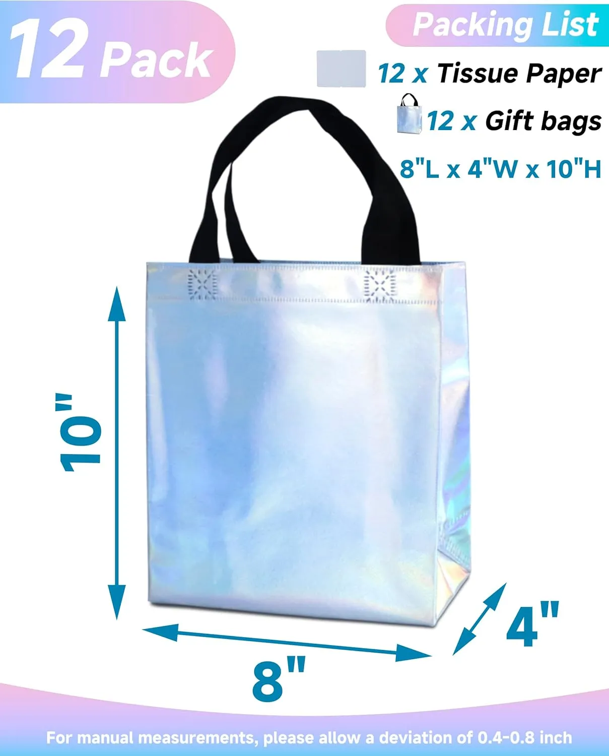 12 Iridescent Gift Bags with Tissues - Medium Reusable, Sturdy, Glossy Metallic Non Woven 8x4x10 for Parties, Birthdays & Weddings