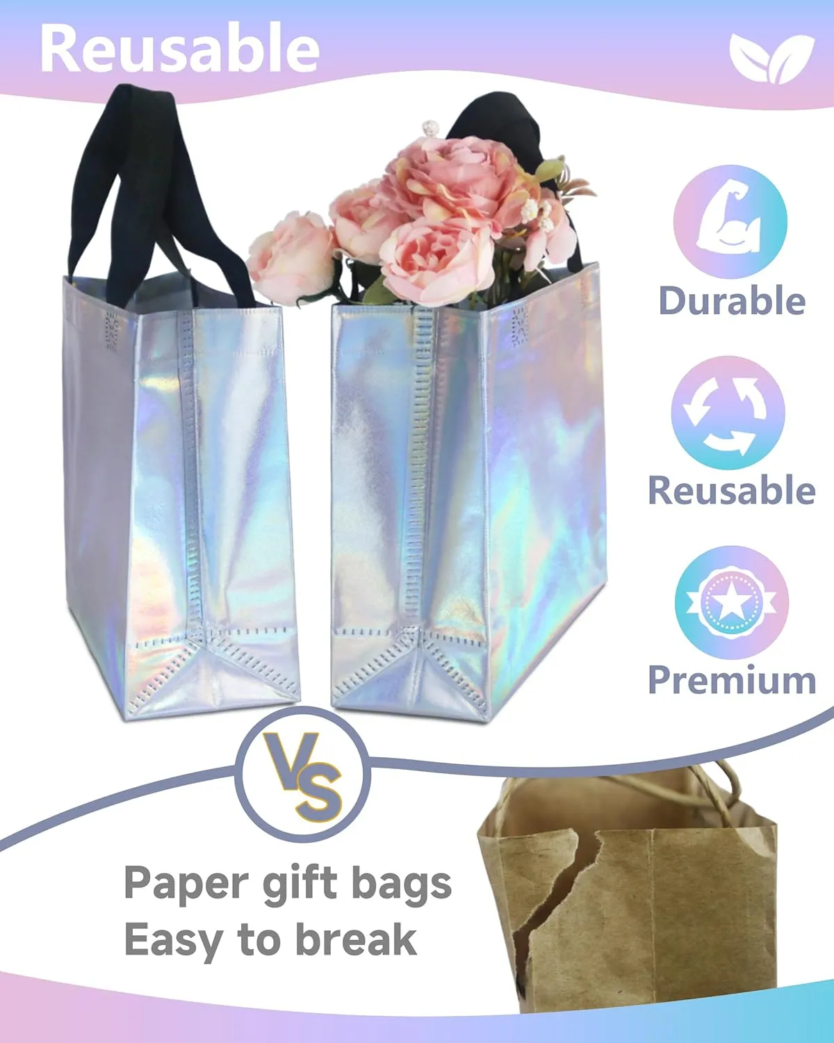 12 Iridescent Gift Bags with Tissues - Medium Reusable, Sturdy, Glossy Metallic Non Woven 8x4x10 for Parties, Birthdays & Weddings