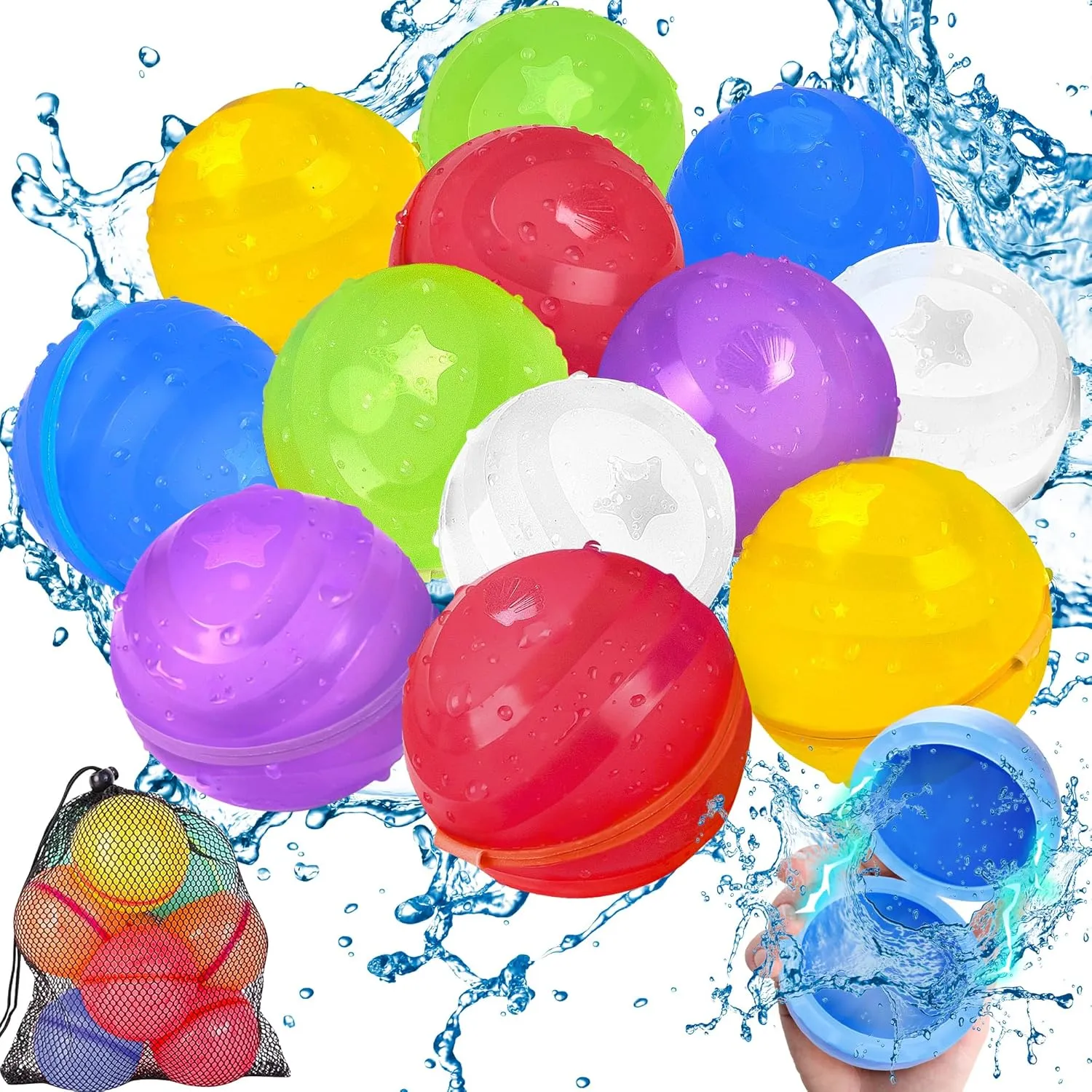 12 Pcs Reusable Water Bomb Balloons, Magnetic Refillable Water Balls for Kids with Mesh Bag, Quick Fill Self-Sealing Silicone Water Bombs, Outdoor Summer Water Toys, Water Fight Games