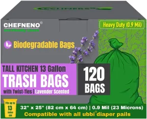 13 Gallon Tall Trash Bags Disposable Diaper Pail Refill Plastic Bag (120 Bags) Compatible with Ubbi Diaper Pail Tall Kitchen Green Eco-friendly Diaper Pail Bag (120 ct., Lavender Scented)