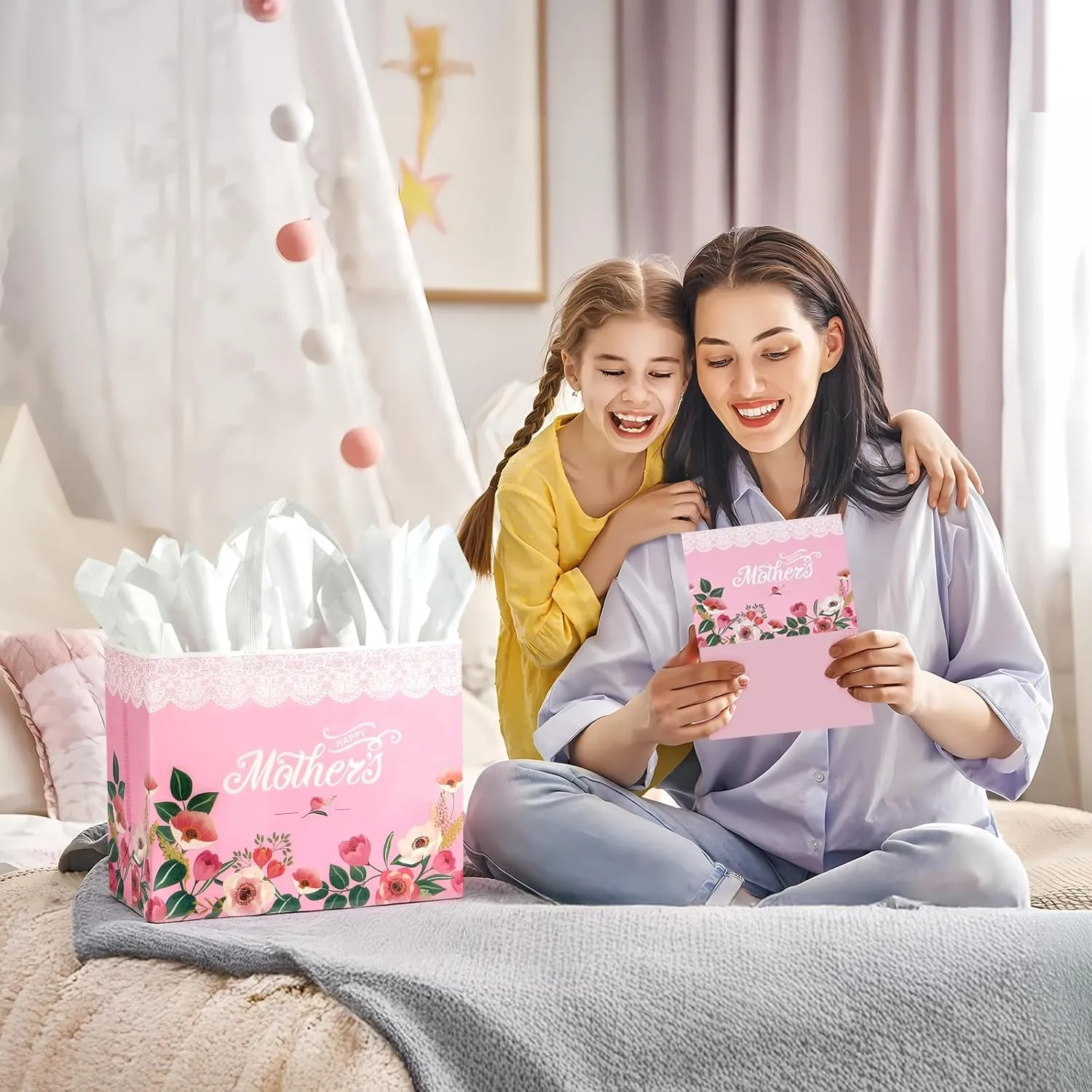 13" Mothers Day Gift Bags with Tissue Paper, 6 Pack Large Mother's Day Bag Bulk, Reusable Gift Bags with Handles for Mom, Grandma, Sister, Nana, Grandmother, Friends (Pink, White)