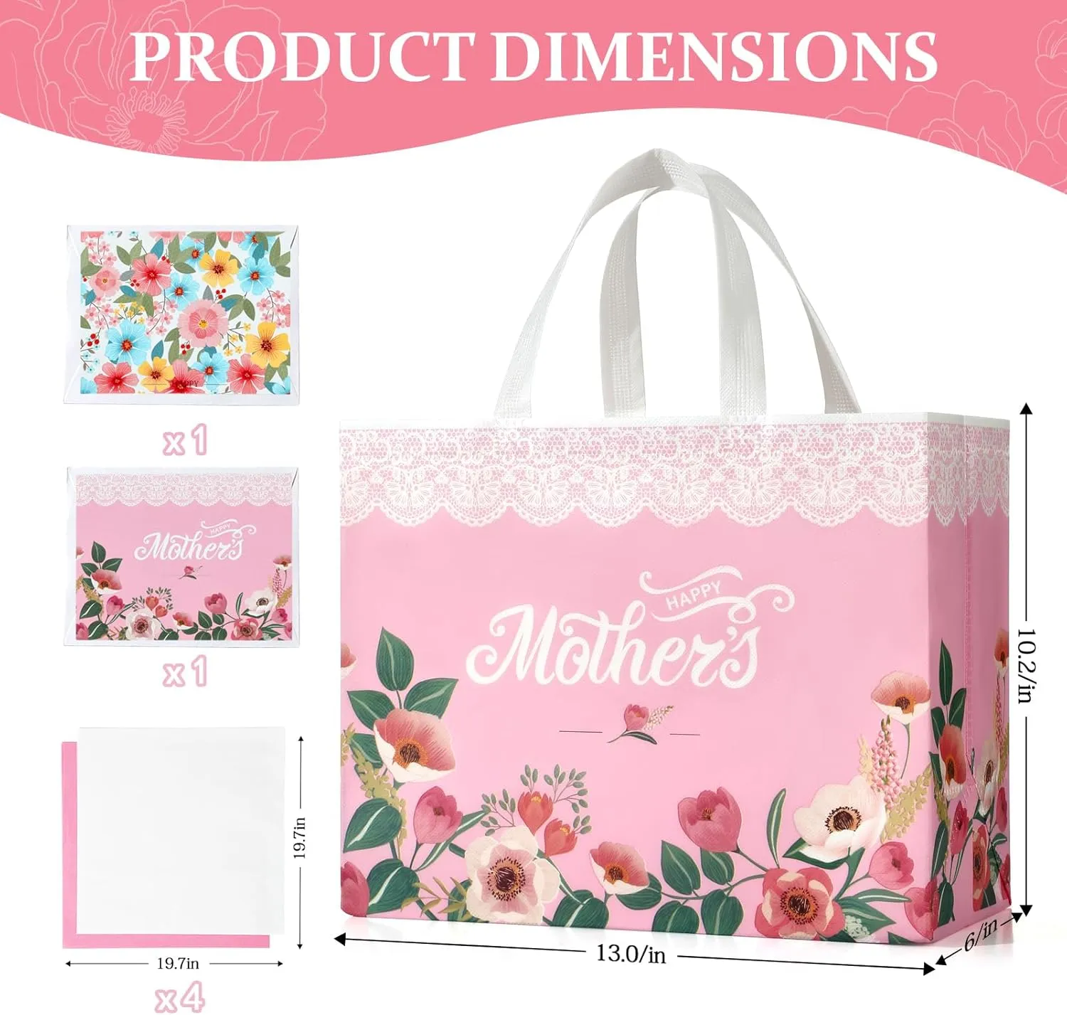 13" Mothers Day Gift Bags with Tissue Paper, 6 Pack Large Mother's Day Bag Bulk, Reusable Gift Bags with Handles for Mom, Grandma, Sister, Nana, Grandmother, Friends (Pink, White)
