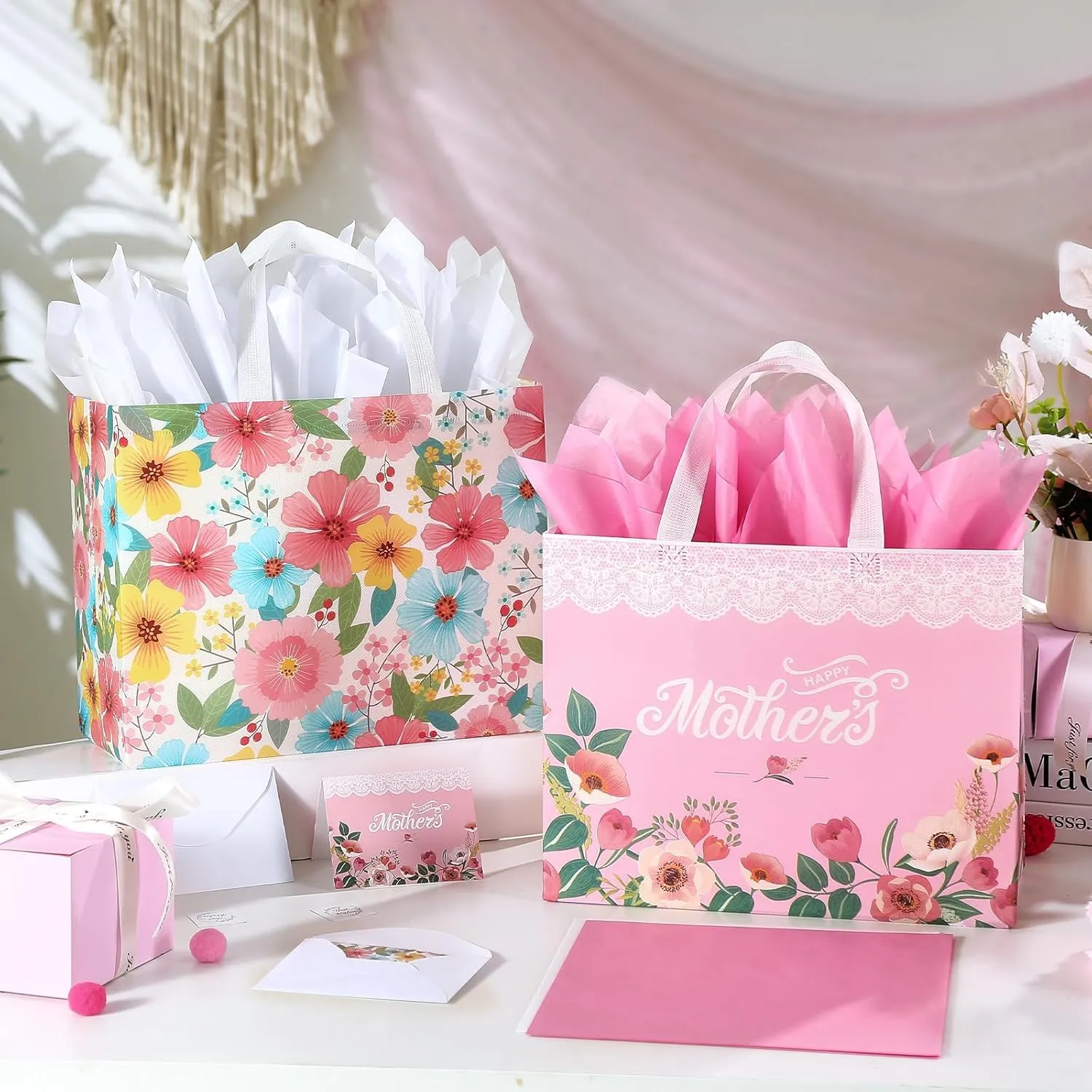 13" Mothers Day Gift Bags with Tissue Paper, 6 Pack Large Mother's Day Bag Bulk, Reusable Gift Bags with Handles for Mom, Grandma, Sister, Nana, Grandmother, Friends (Pink, White)