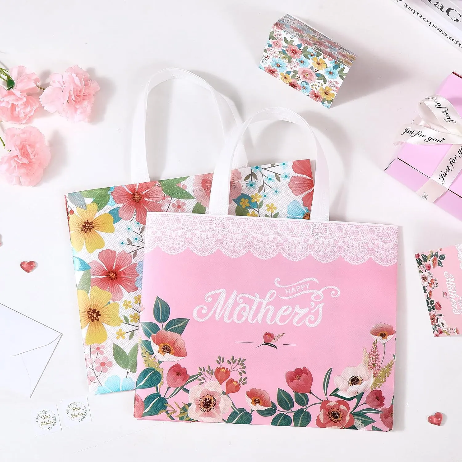 13" Mothers Day Gift Bags with Tissue Paper, 6 Pack Large Mother's Day Bag Bulk, Reusable Gift Bags with Handles for Mom, Grandma, Sister, Nana, Grandmother, Friends (Pink, White)