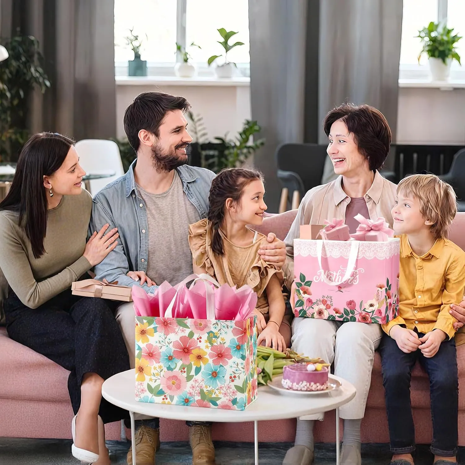13" Mothers Day Gift Bags with Tissue Paper, 6 Pack Large Mother's Day Bag Bulk, Reusable Gift Bags with Handles for Mom, Grandma, Sister, Nana, Grandmother, Friends (Pink, White)