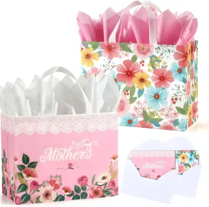 13" Mothers Day Gift Bags with Tissue Paper, 6 Pack Large Mother's Day Bag Bulk, Reusable Gift Bags with Handles for Mom, Grandma, Sister, Nana, Grandmother, Friends (Pink, White)