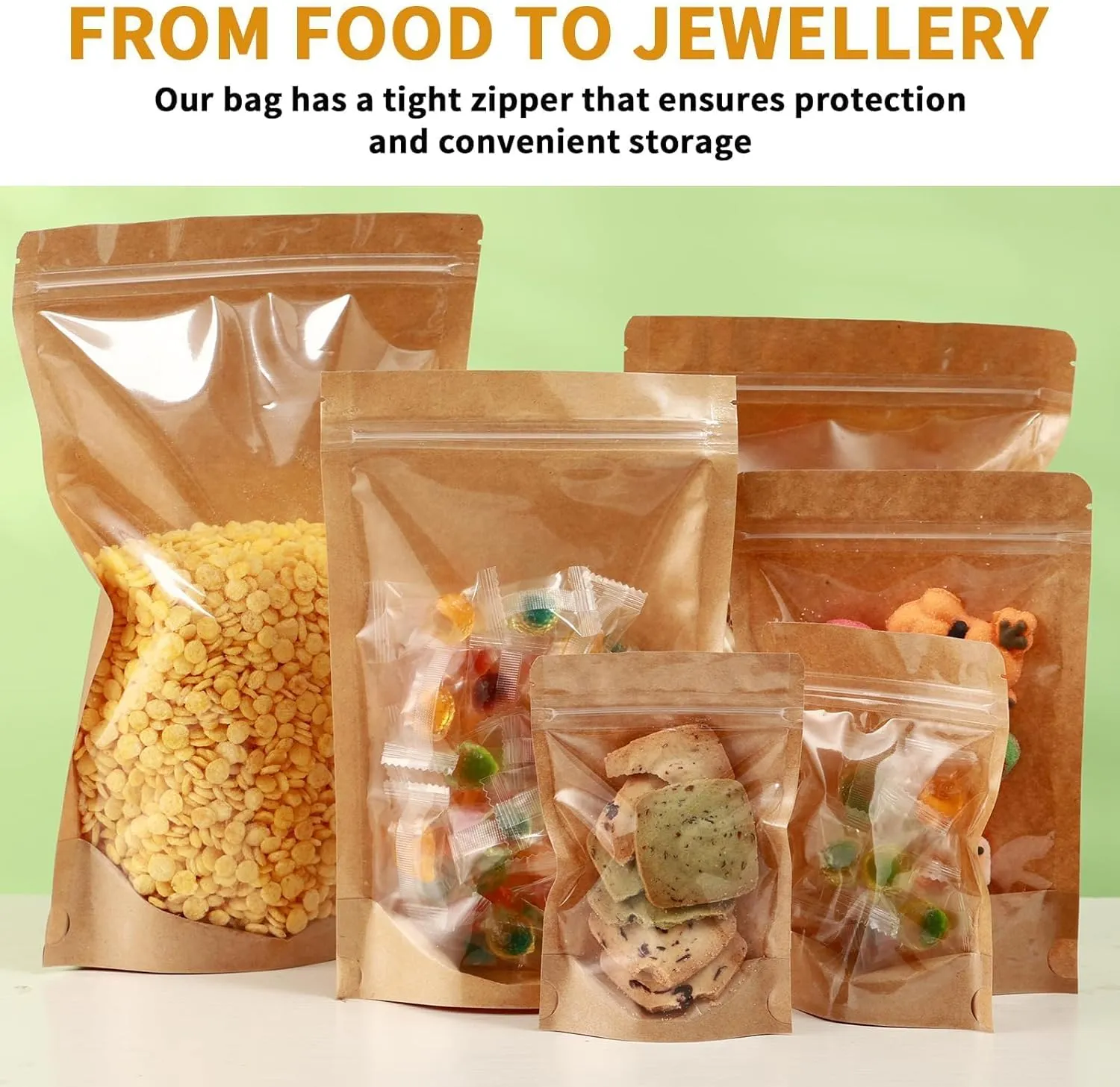 150-Pack Kraft Bags with Window 8 x 12" Reclosable Large Stand Up Mylar Bags for Food Storage Resealable Smell Proof Zip Lock Pouch, Edible Packaging, Reusable bags for Small Business
