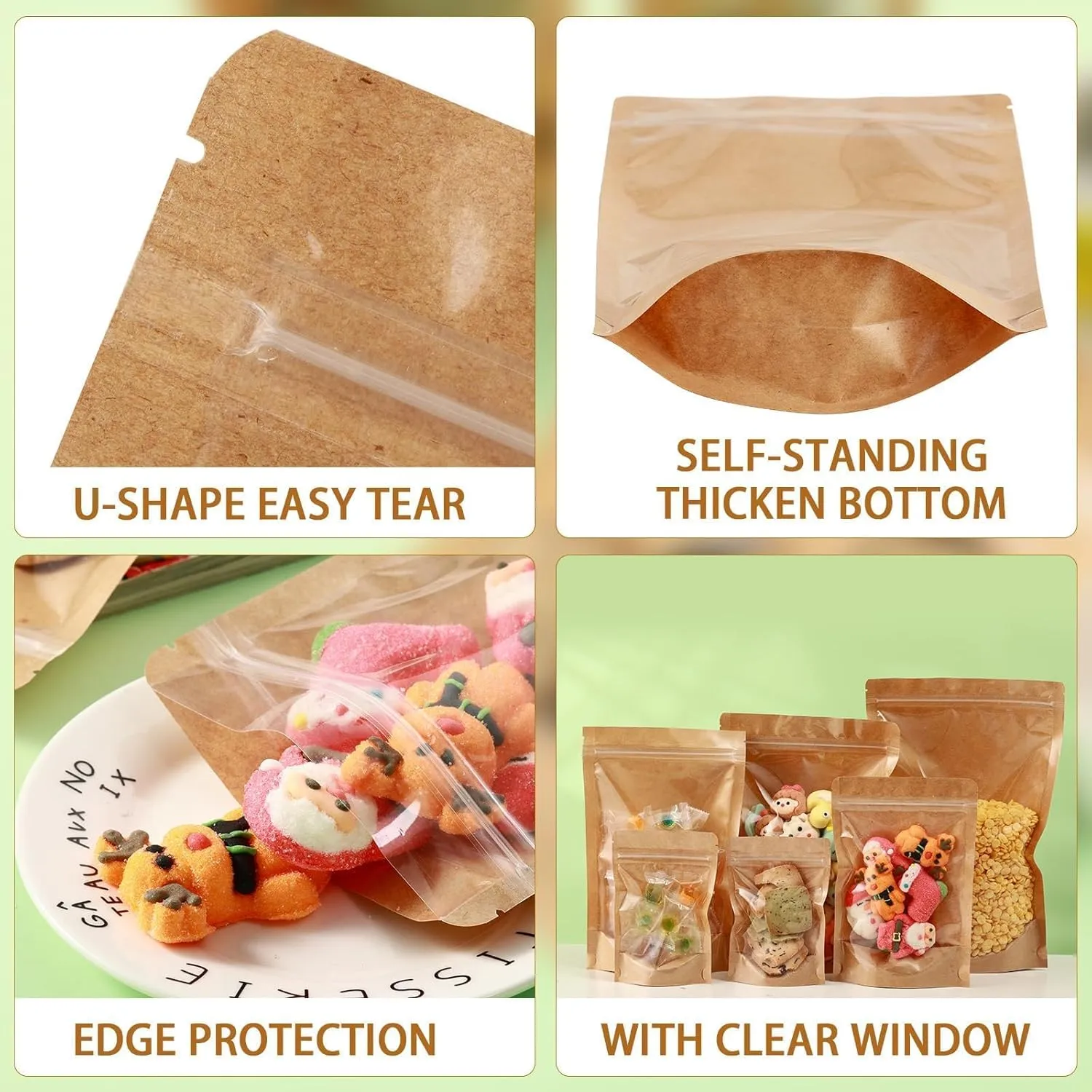 150-Pack Kraft Bags with Window 8 x 12" Reclosable Large Stand Up Mylar Bags for Food Storage Resealable Smell Proof Zip Lock Pouch, Edible Packaging, Reusable bags for Small Business
