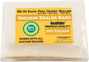 150 Vacuum Sealer Bags: 50 Pint (6" x 10"), 50 Quart (8" x 12"), 50 Gallon (11" x 16") by OutOfAir - Works with FoodSaver & Other Savers. 33% Thicker, BPA Free, Great for Sous Vide