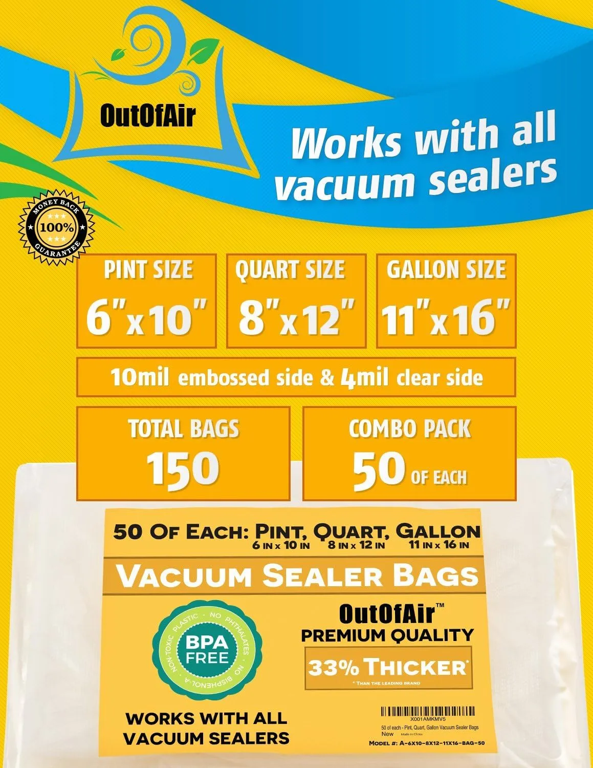 150 Vacuum Sealer Bags: 50 Pint (6" x 10"), 50 Quart (8" x 12"), 50 Gallon (11" x 16") by OutOfAir - Works with FoodSaver & Other Savers. 33% Thicker, BPA Free, Great for Sous Vide