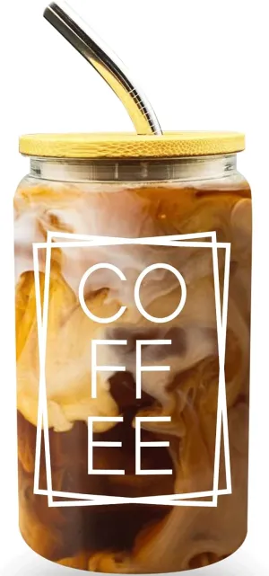 16oz Iced Coffee Cup with Bamboo Lids and Straw, Beer Can Shaped Glass Mason Jar Cups, Coffee Glass Can Shaped Drinking Glasse, Cute Glass Cup for Boba, Water, Smoothie, Tea