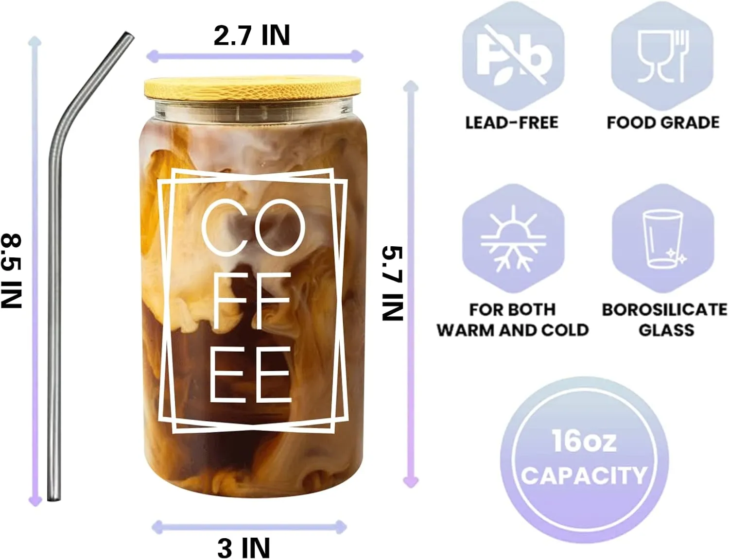 16oz Iced Coffee Cup with Bamboo Lids and Straw, Beer Can Shaped Glass Mason Jar Cups, Coffee Glass Can Shaped Drinking Glasse, Cute Glass Cup for Boba, Water, Smoothie, Tea