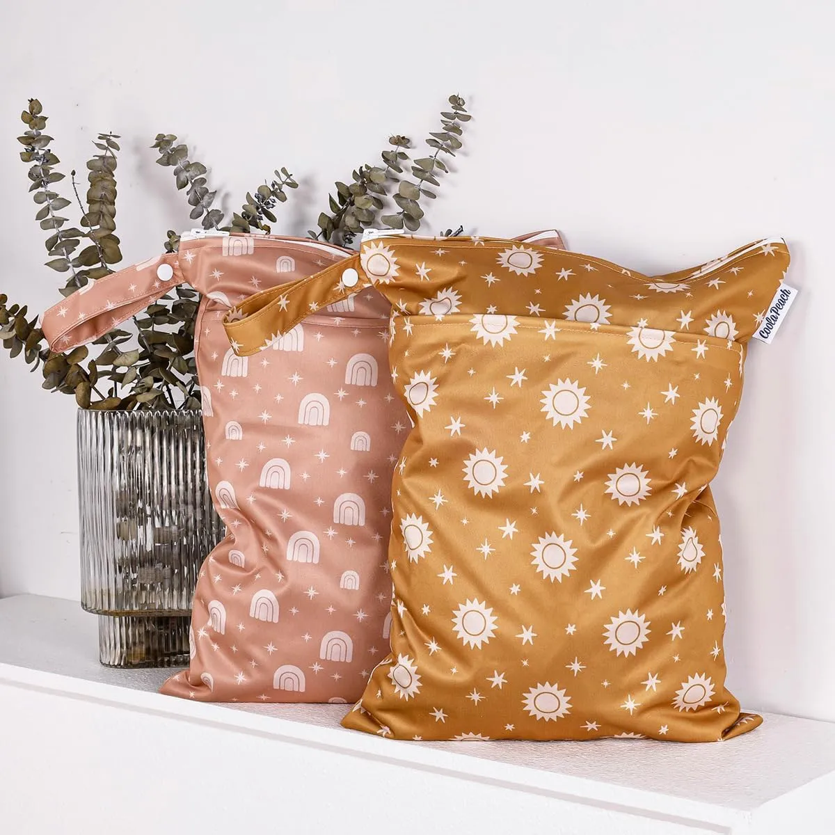 2 pcs/set Wet Dry Bags for Baby Cloth Diapers - Reusable, Washable for Stroller, Diapers, Toiletries, Travel Bags, Beach, Pool, Gym Bag with Two Zippered Pockets 11.8 * 15.7 inch (Pink&Rainbow)