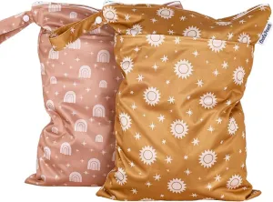 2 pcs/set Wet Dry Bags for Baby Cloth Diapers - Reusable, Washable for Stroller, Diapers, Toiletries, Travel Bags, Beach, Pool, Gym Bag with Two Zippered Pockets 11.8 * 15.7 inch (Pink&Rainbow)
