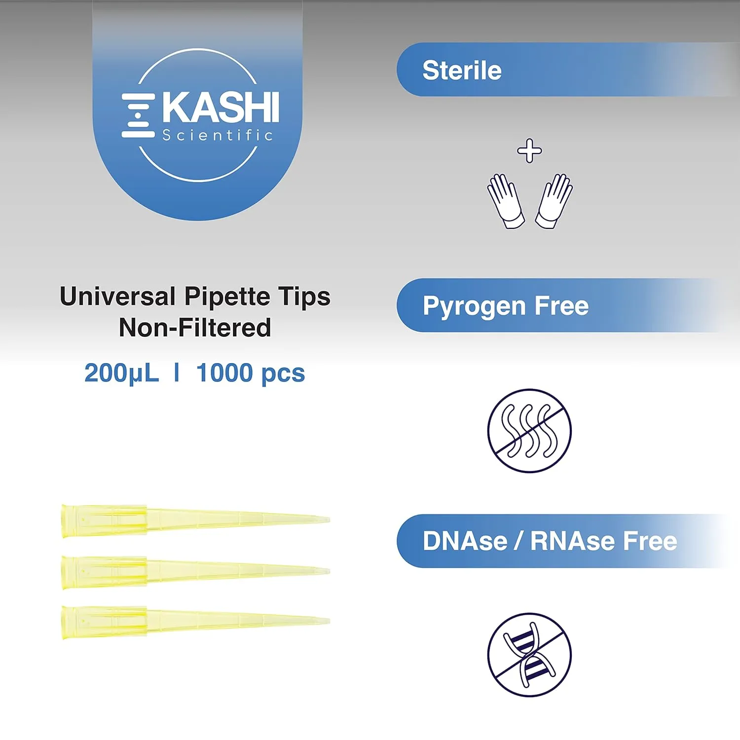200uL Pipette Tips, Kashi Scientific Universal Non-Filter Tips for Pipette 200 uL, Sterile Bulk Pipette Tips with Clear Graduation, 200uL Pipet Tips, DNase RNase Free,1000 Tips/Bag - Yellow