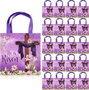 24 Pcs Easter He is Risen Gift Bags with Handles Bulk, Reusable Non Woven Gift Bags, Spring Lily Floral Cross Religious Easter Bag for Egg Hunt Party Supplies and Gifts Wrapping, 8.3x7.9x5.9 Inch