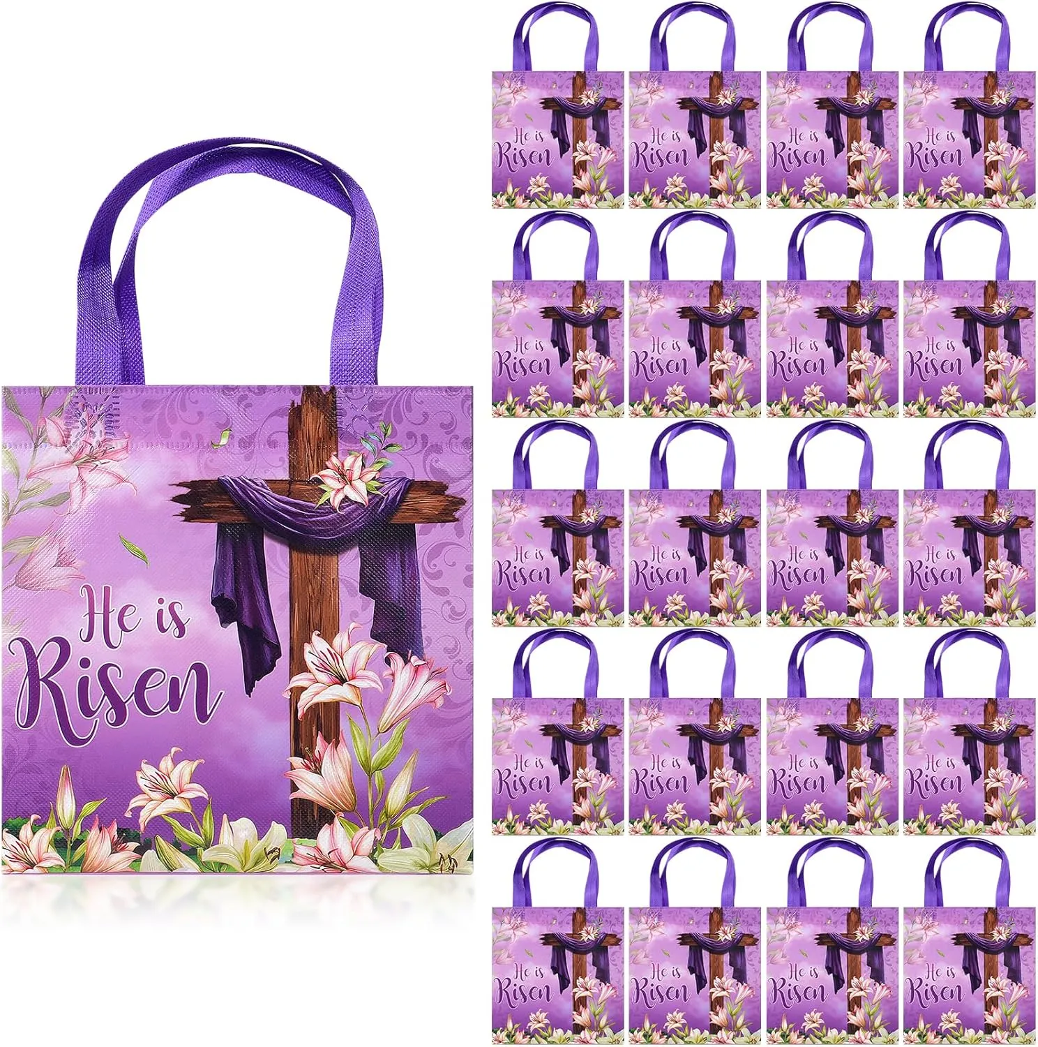24 Pcs Easter He is Risen Gift Bags with Handles Bulk, Reusable Non Woven Gift Bags, Spring Lily Floral Cross Religious Easter Bag for Egg Hunt Party Supplies and Gifts Wrapping, 8.3x7.9x5.9 Inch