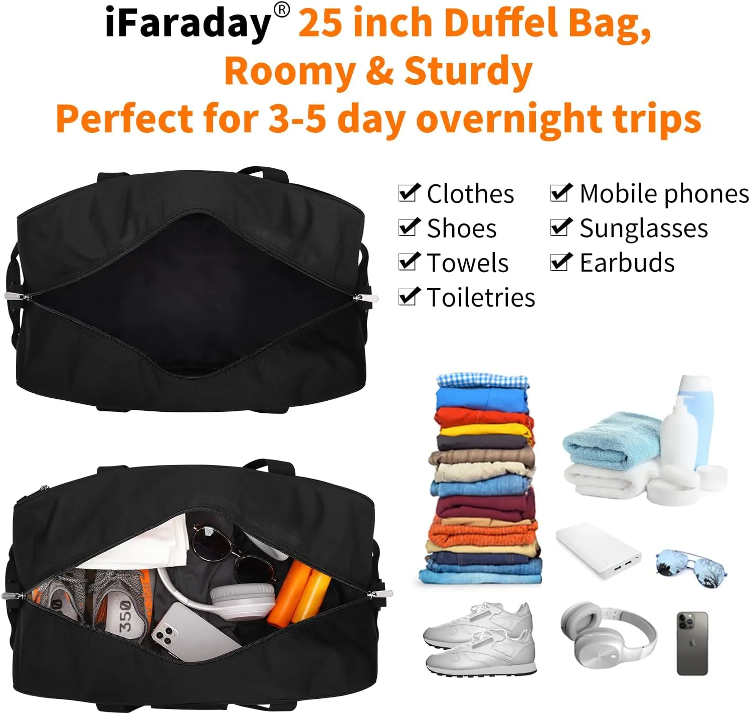 25 inch Travel Duffle Bag for Men - 40L Weekender Overnight Bag for Gym Sport - Black