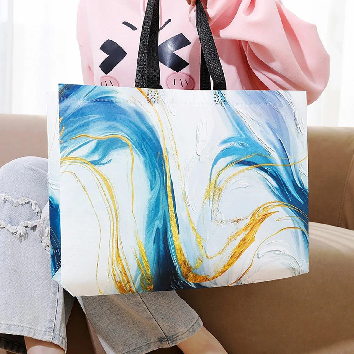 25xFashion Non Woven Tote Bags Reusable Shopping Bags Clothing Store Blue