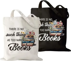 2PCS Canvas Tote Bags for Women - Book Lover Gift for Librarian, Teacher, Readers - Black, White