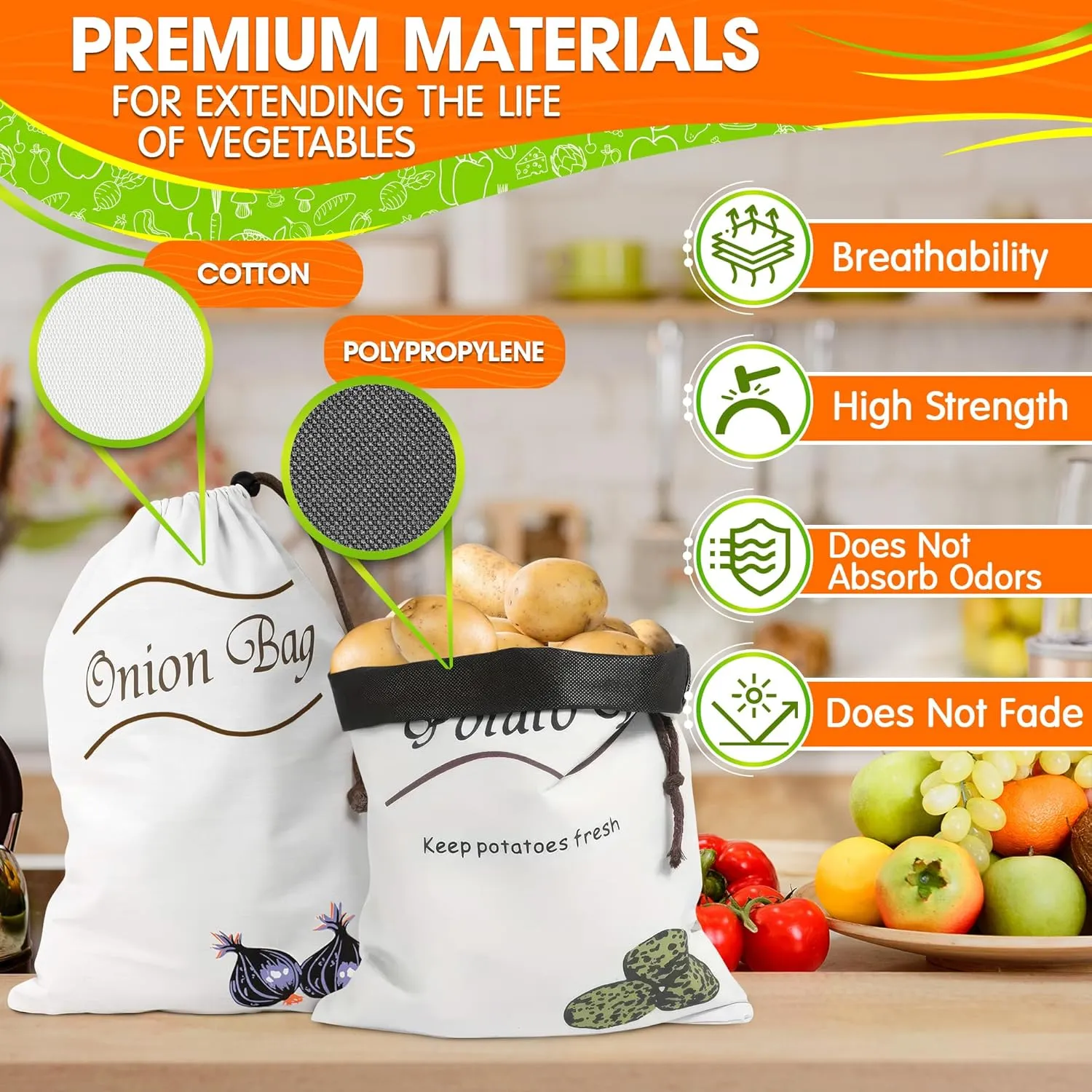 2Pcs Potato and Onion Storage Bags – Reusable Cotton Produce Bags with Black Lining and Side Zipper, Washable, Breathable & Light-Blocking Design for Storing Potatoes, Onions, Garlic & Root Vegetables
