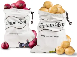 2Pcs Potato and Onion Storage Bags – Reusable Cotton Produce Bags with Black Lining and Side Zipper, Washable, Breathable & Light-Blocking Design for Storing Potatoes, Onions, Garlic & Root Vegetables