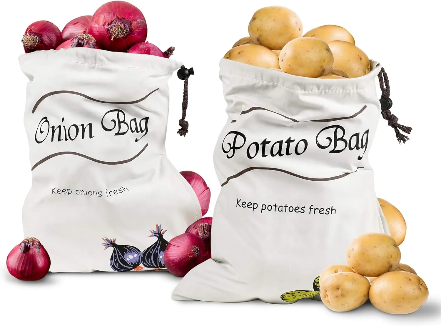 2Pcs Potato and Onion Storage Bags – Reusable Cotton Produce Bags with Black Lining and Side Zipper, Washable, Breathable & Light-Blocking Design for Storing Potatoes, Onions, Garlic & Root Vegetables