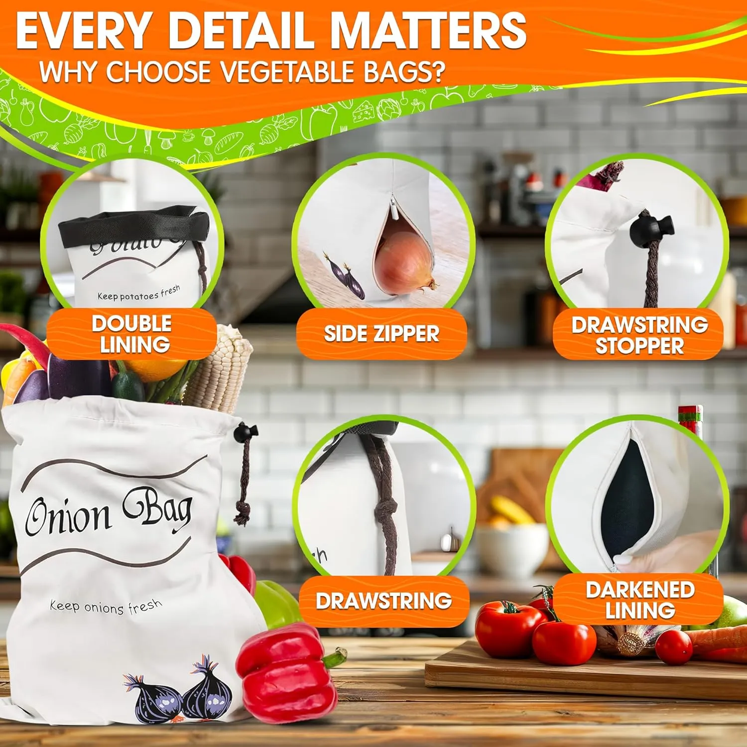 2Pcs Potato and Onion Storage Bags – Reusable Cotton Produce Bags with Black Lining and Side Zipper, Washable, Breathable & Light-Blocking Design for Storing Potatoes, Onions, Garlic & Root Vegetables