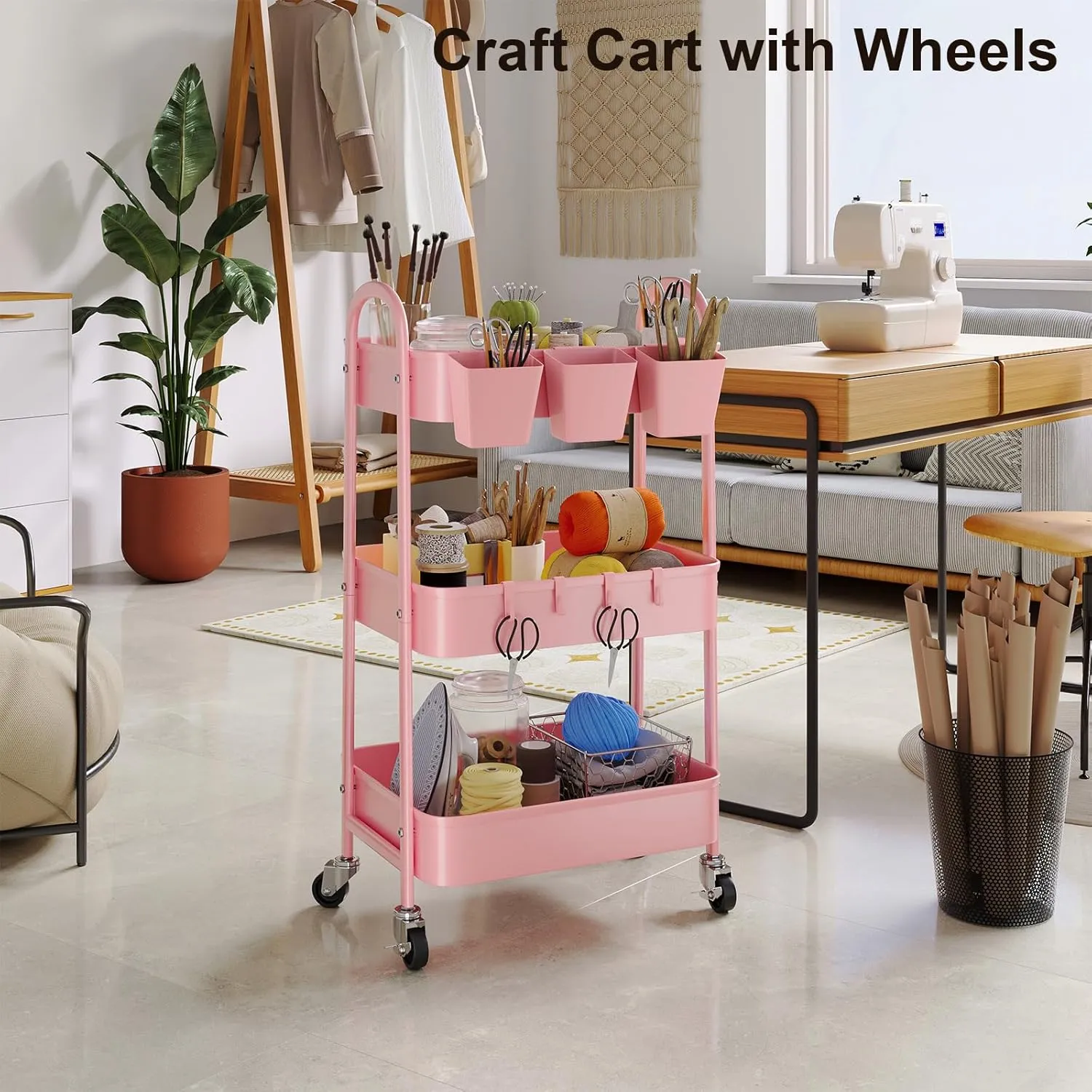 3 Tier Metal Rolling Cart with Lockable Wheels and Handle, Three Tiered Pink Trolley Cart on Wheels, Utility Storage Organizer for Bathroom, Kitchen, Teachers, Art, Crafts, Baby Diaper, Snack, Nail