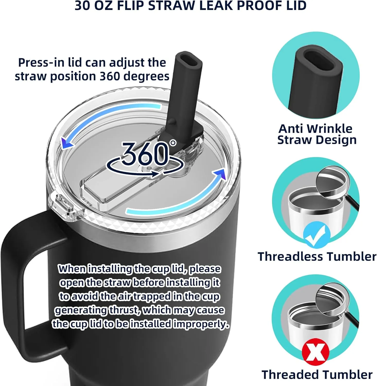 30 oz Straw Leak Proof Lid for YETI, Tumbler Lid for Yeti Rambler 30/32 oz Tumbler,26/35/42 oz Straw Mug,and Hydro Flask 32/40oz Travel Tumbler,Replacement Lid BPA Free(Black*2)