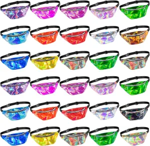 30 Pcs Holographic Fanny Bag Neon 80s Party Waist Pack Reflective Laser Belt Bag Metallic Color with Adjustable Belt for Men Women 80s Rave Festival Concert Outdoor Activities, 17 Colors