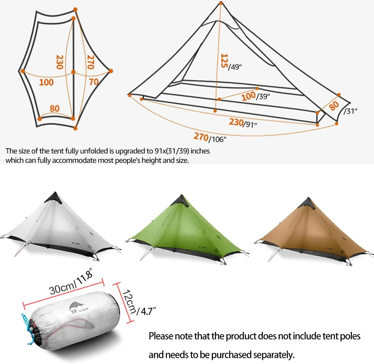 3F UL Gear Lanshan1 Ultralight Tent 3/4 Season Portable Backpacking Tent for 1-Person 15D Silicon Coated Waterproof Poleless Double Layer Tent for Camping, Climbing, Hiking