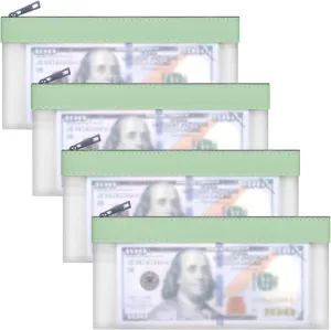 4 Green Money Pouch, Clear Bank Deposit Bags, 7.6 x 3.7 inch Cash Envelopes With Zipper, Multi-Purpose Check Wallet