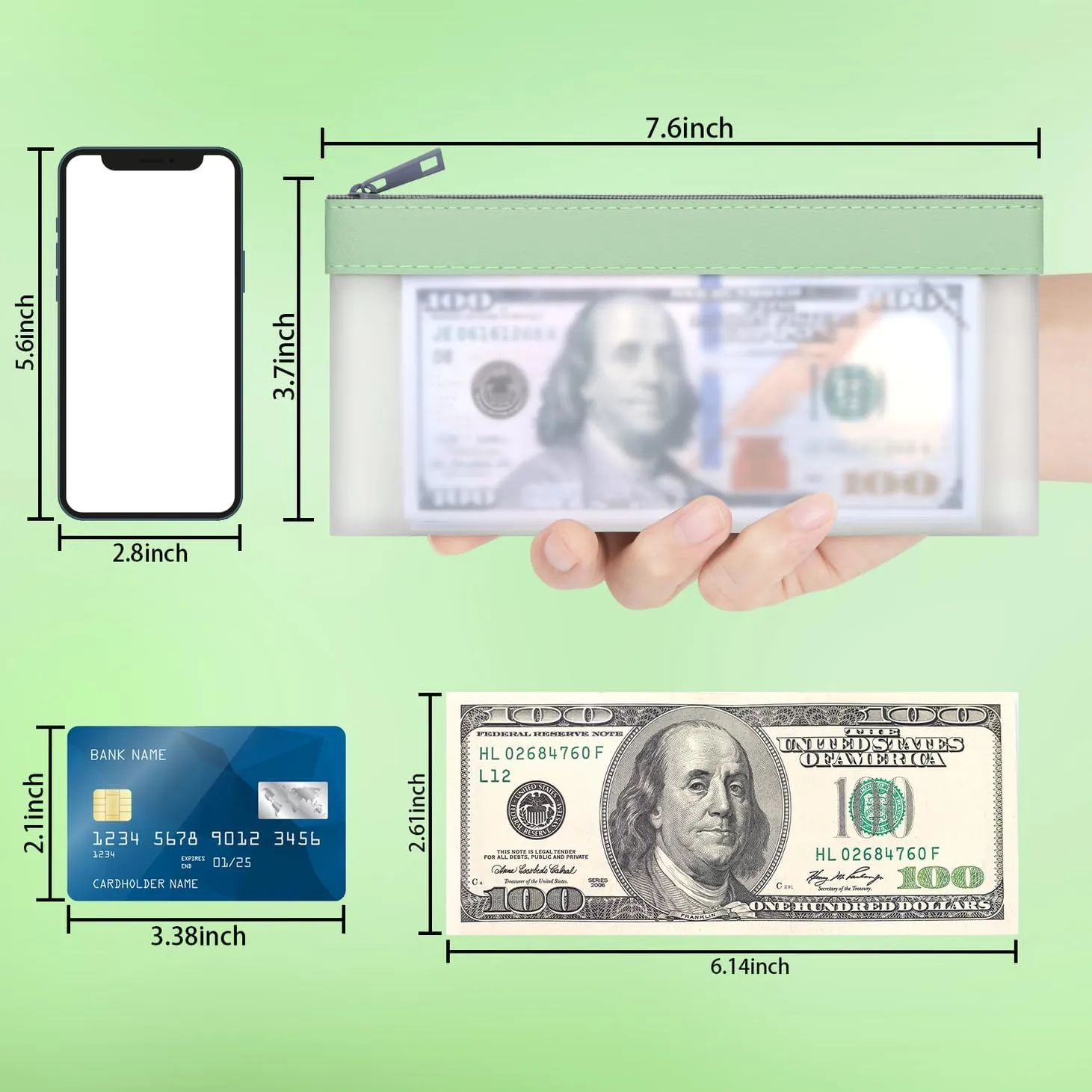 4 Green Money Pouch, Clear Bank Deposit Bags, 7.6 x 3.7 inch Cash Envelopes With Zipper, Multi-Purpose Check Wallet