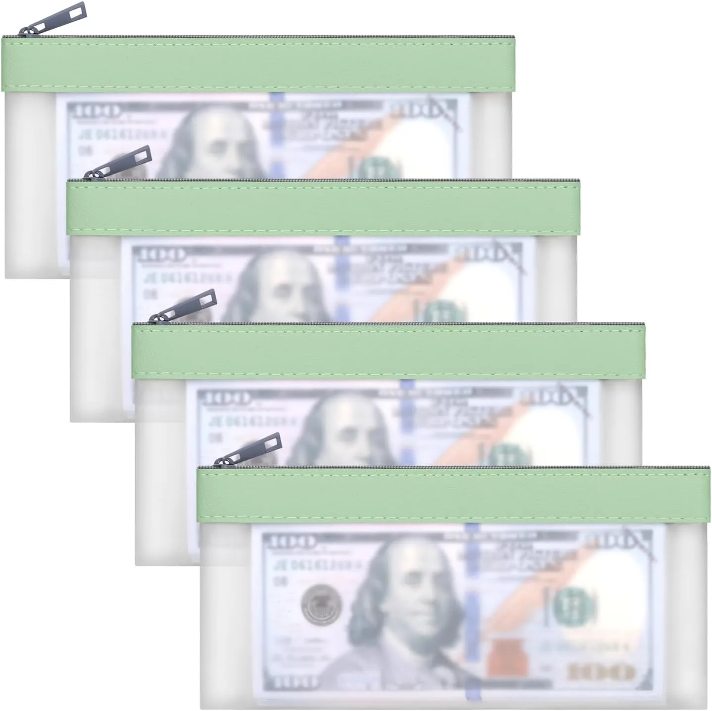 4 Green Money Pouch, Clear Bank Deposit Bags, 7.6 x 3.7 inch Cash Envelopes With Zipper, Multi-Purpose Check Wallet