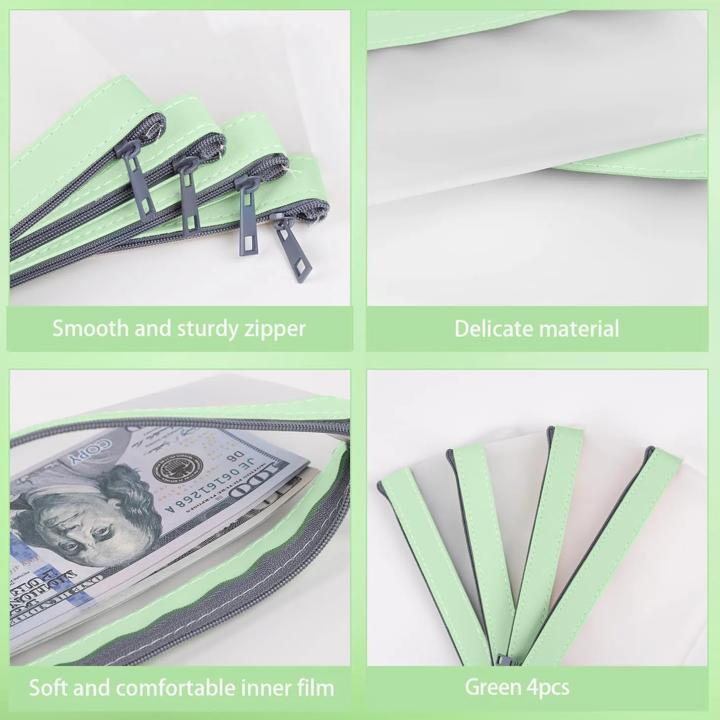 4 Green Money Pouch, Clear Bank Deposit Bags, 7.6 x 3.7 inch Cash Envelopes With Zipper, Multi-Purpose Check Wallet