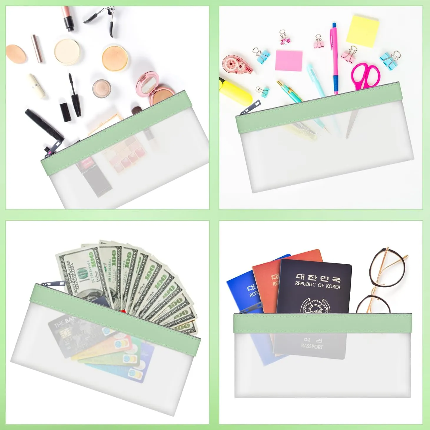 4 Green Money Pouch, Clear Bank Deposit Bags, 7.6 x 3.7 inch Cash Envelopes With Zipper, Multi-Purpose Check Wallet