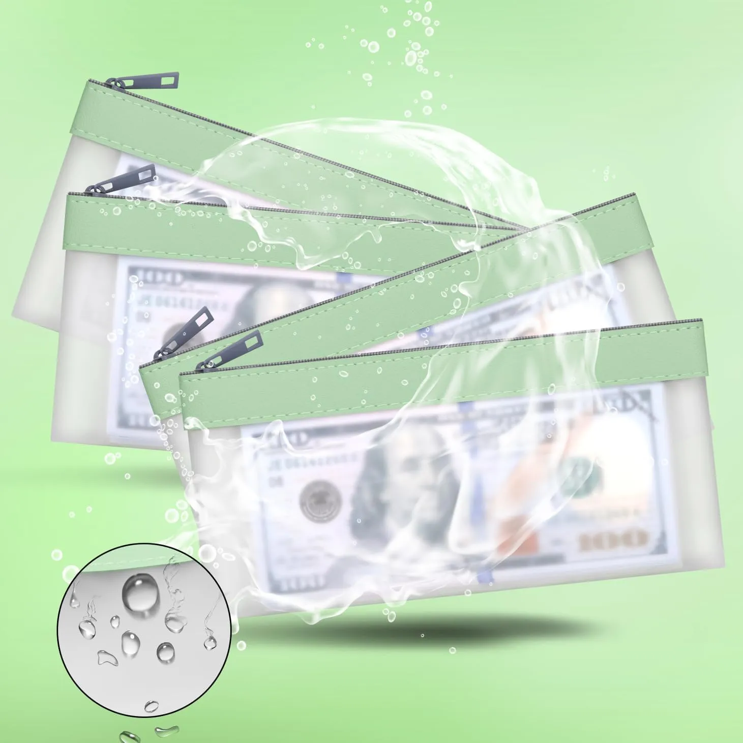 4 Green Money Pouch, Clear Bank Deposit Bags, 7.6 x 3.7 inch Cash Envelopes With Zipper, Multi-Purpose Check Wallet
