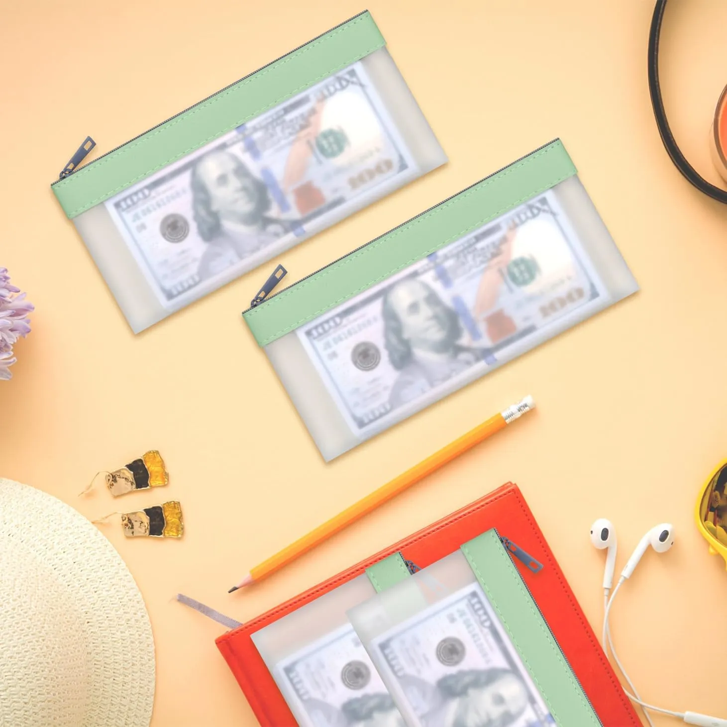 4 Green Money Pouch, Clear Bank Deposit Bags, 7.6 x 3.7 inch Cash Envelopes With Zipper, Multi-Purpose Check Wallet