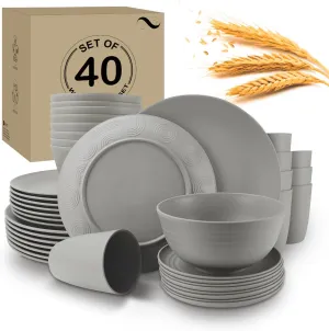 40Pack plates and bowls sets for kitchen - Unbreakable wheat straw dinnerware sets service for 8 - Alternative plastic 40pcs dish sets for picnic,camping and R.V. - (Grey)