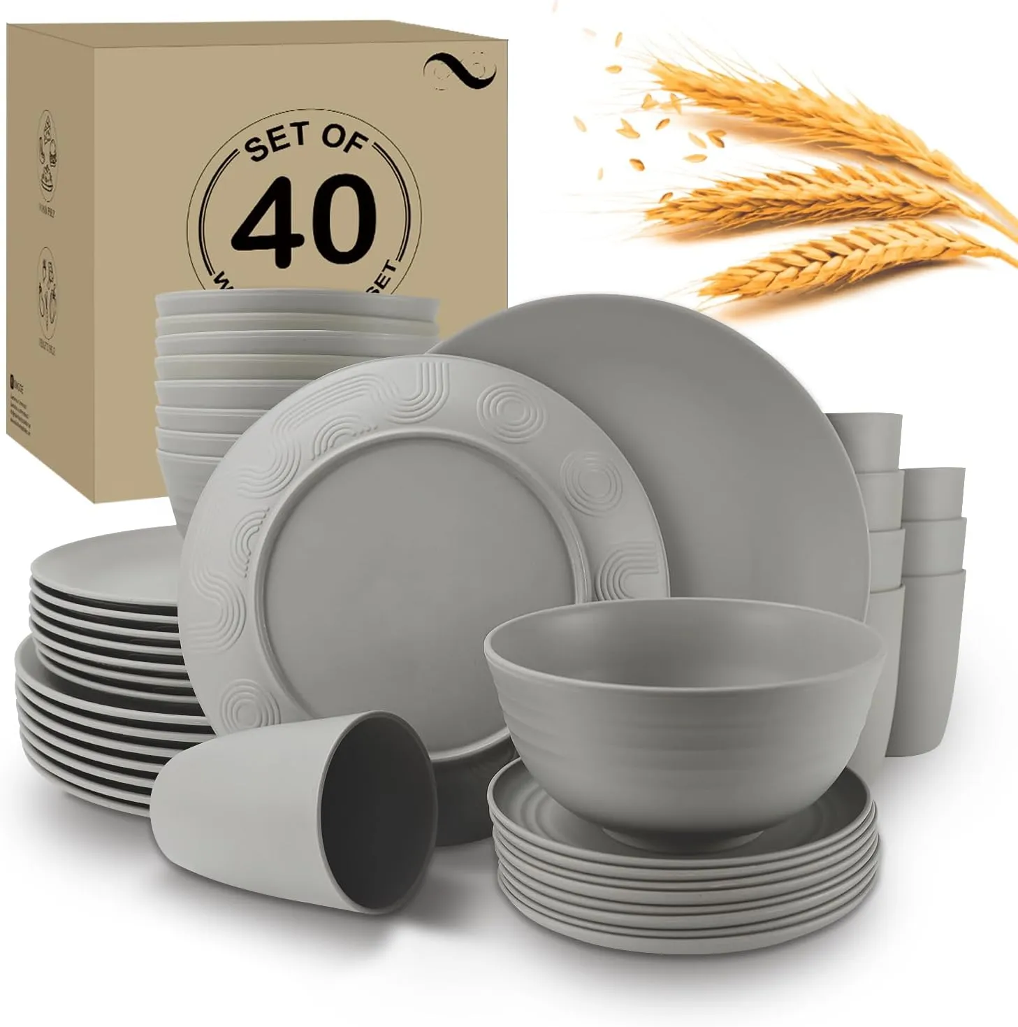 40Pack plates and bowls sets for kitchen - Unbreakable wheat straw dinnerware sets service for 8 - Alternative plastic 40pcs dish sets for picnic,camping and R.V. - (Grey)